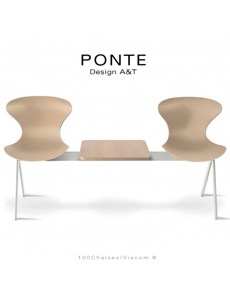 Banc ou assise sur poutre PONTE, 2 places coque couleur crème, piétement peint blanc, table aspect bois.