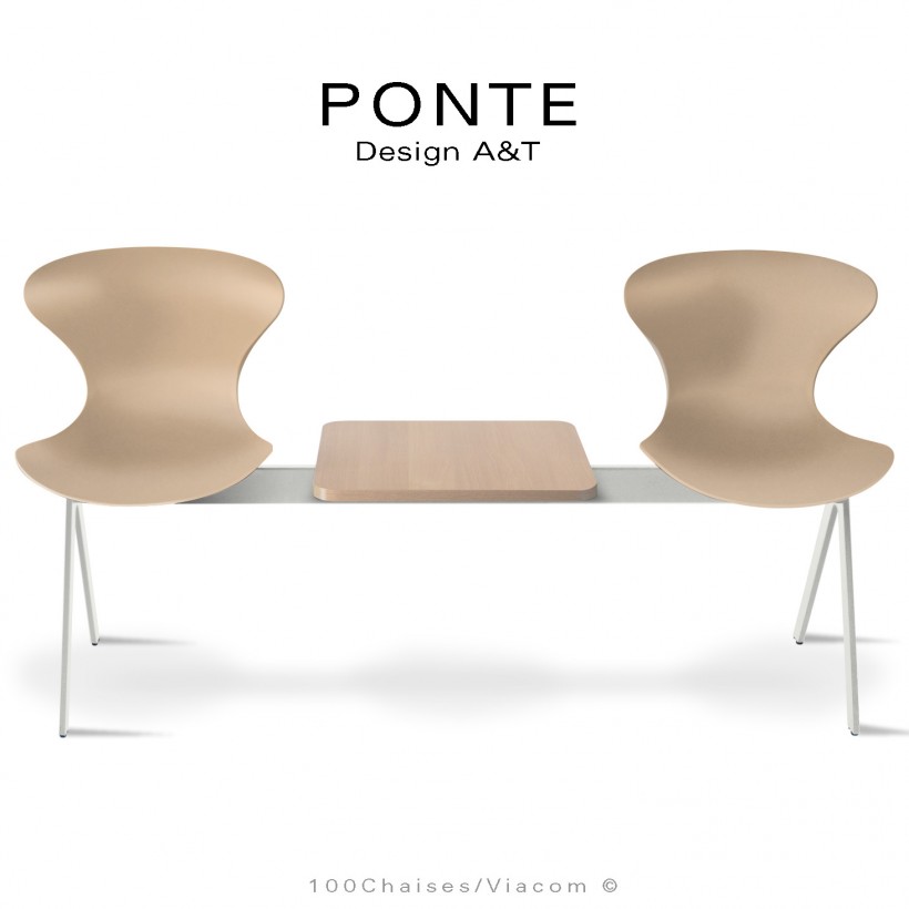 Banc ou assise sur poutre PONTE, 2 places coque couleur crème, piétement peint blanc, table aspect bois.