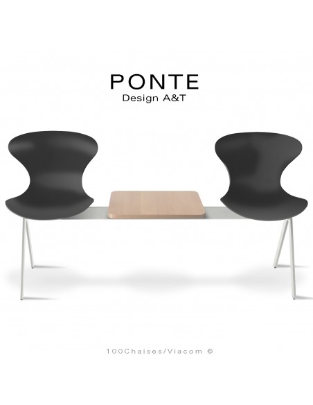 Banc ou assise sur poutre PONTE, 2 places coque couleur noire, piétement peint blanc, table aspect bois.