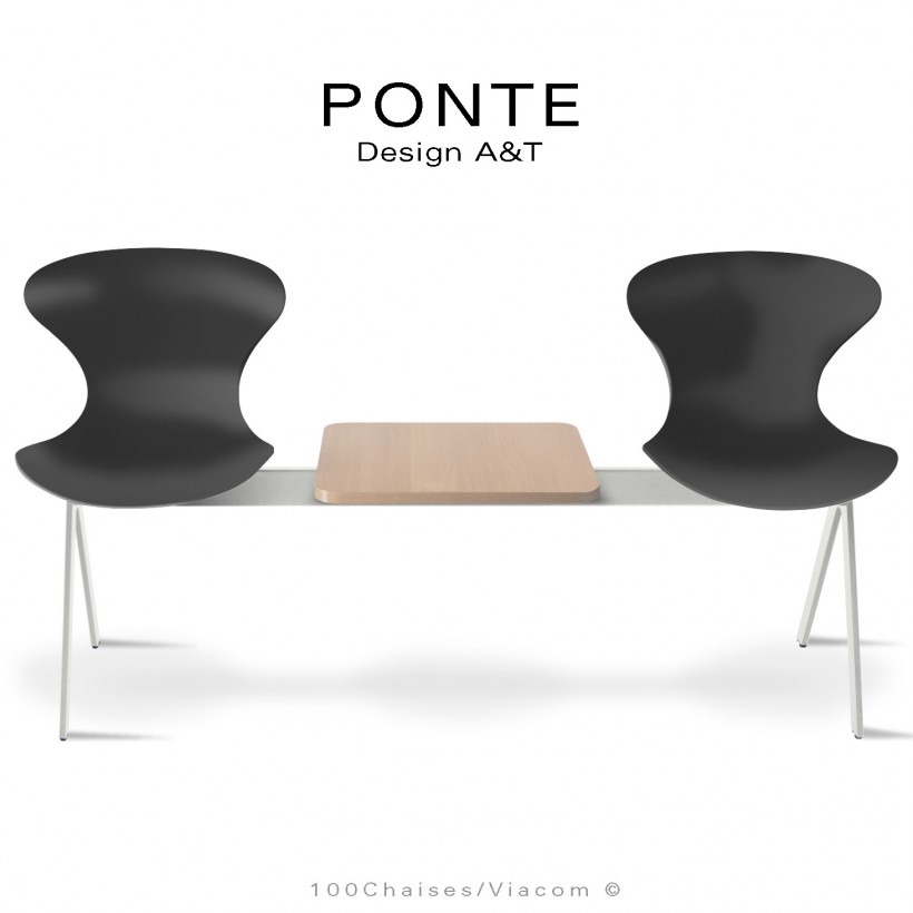 Banc ou assise sur poutre PONTE, 2 places coque couleur noire, piétement peint blanc, table aspect bois.