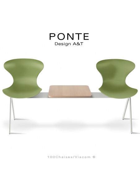 Banc ou assise sur poutre PONTE, 2 places coque couleur vert-olive, piétement peint blanc, table aspect bois.