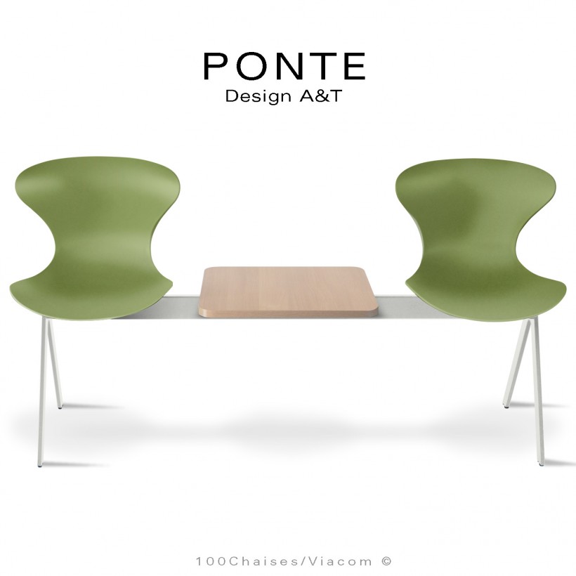 Banc ou assise sur poutre PONTE, 2 places coque couleur vert-olive, piétement peint blanc, table aspect bois.