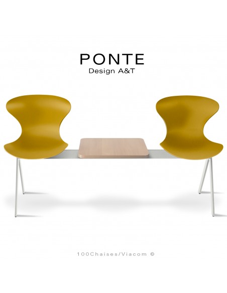 Banc ou assise sur poutre PONTE, 2 places coque couleur orange-jaune, piétement peint blanc, table aspect bois.