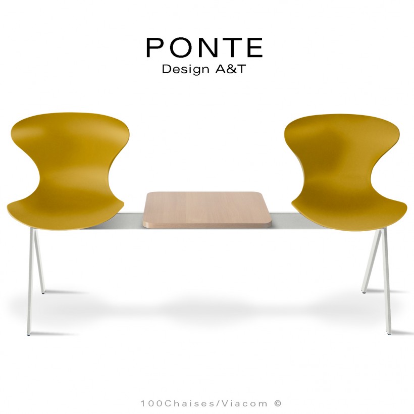 Banc ou assise sur poutre PONTE, 2 places coque couleur orange-jaune, piétement peint blanc, table aspect bois.