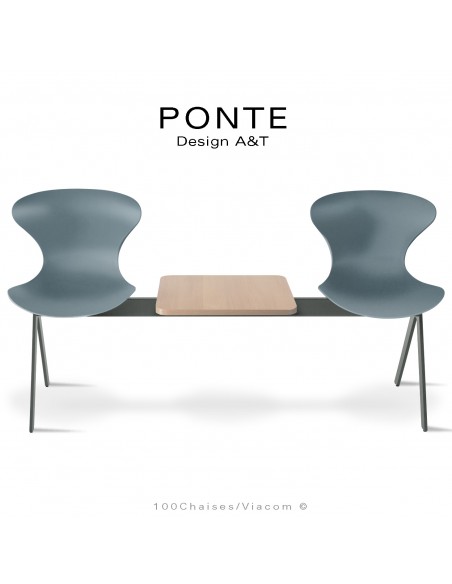 Banc ou assise sur poutre PONTE, 2 places coque couleur argent-gris, piétement peint gris Basalte, table aspect bois.