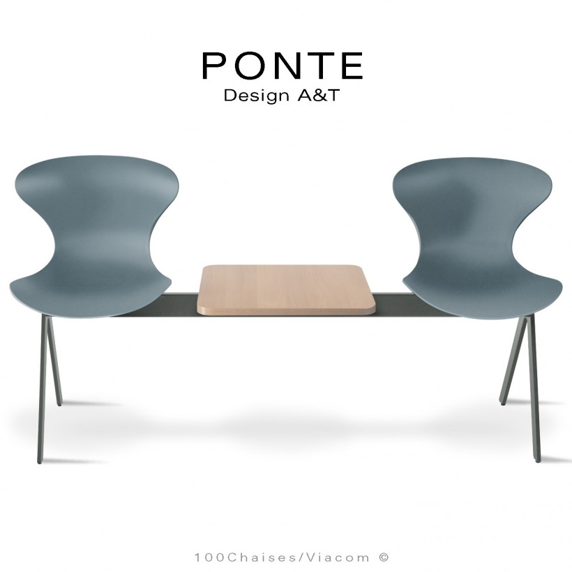 Banc ou assise sur poutre PONTE, 2 places coque couleur argent-gris, piétement peint gris Basalte, table aspect bois.