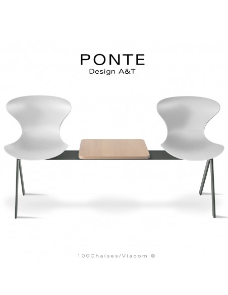 Banc ou assise sur poutre PONTE, 2 places coque couleur blanche, piétement peint gris Basalte, table aspect bois.