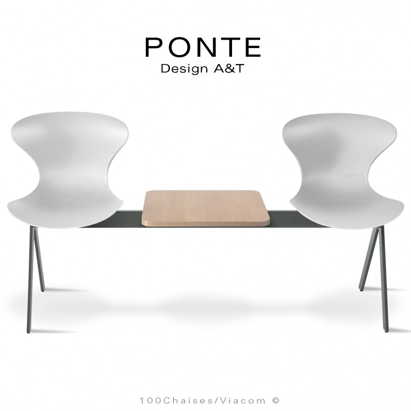 Banc ou assise sur poutre PONTE, 2 places coque couleur blanche, piétement peint gris Basalte, table aspect bois.