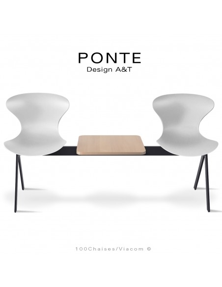 Banc ou assise sur poutre PONTE, 2 places coque couleur blanche, piétement peint noir, table aspect bois.