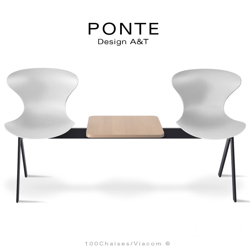 Banc ou assise sur poutre PONTE, 2 places coque couleur blanche, piétement peint noir, table aspect bois.