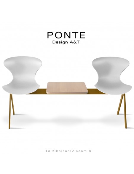 Banc ou assise sur poutre PONTE, 2 places coque couleur blanche, piétement peint or nacré, table aspect bois.