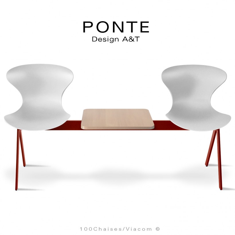 Banc ou assise sur poutre PONTE, 2 places coque couleur blanche, piétement peint rouge oxyde, table aspect bois.