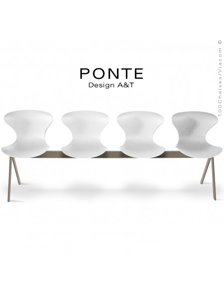 Banc ou assise sur poutre 4 places PONTE, piétement peint beige nacré, assise coque plastique couleur blanche.