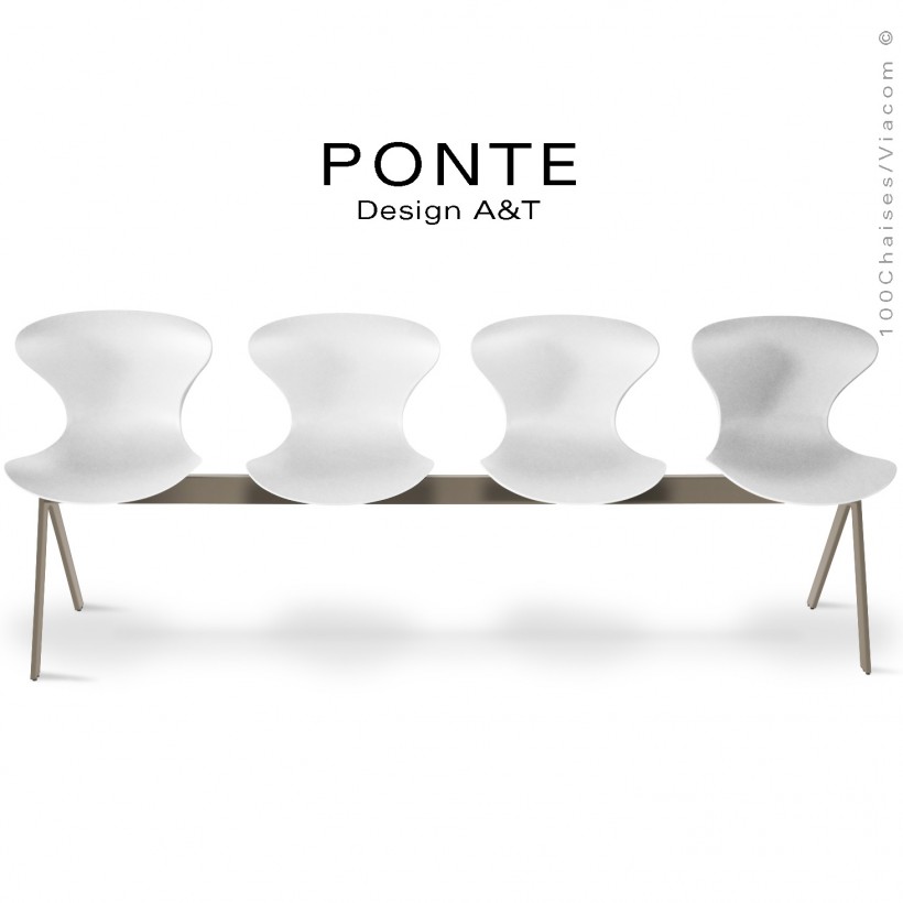 Banc ou assise sur poutre 4 places PONTE, piétement peint beige nacré, assise coque plastique couleur blanche.