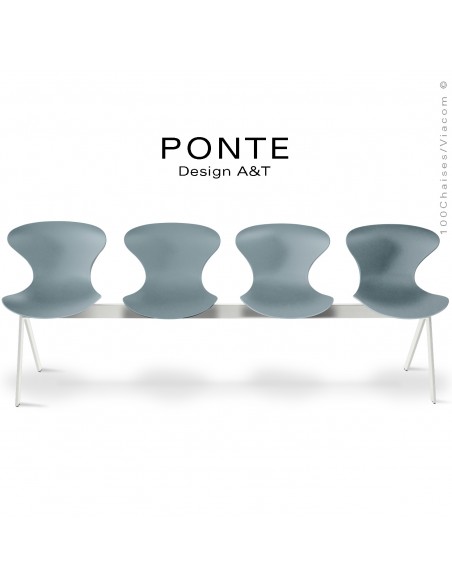 Banc ou assise sur poutre 4 places PONTE, piétement peint blanc, assise coque plastique couleur argent-gris.