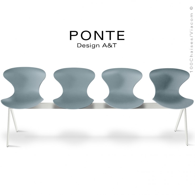 Banc ou assise sur poutre 4 places PONTE, piétement peint blanc, assise coque plastique couleur argent-gris.