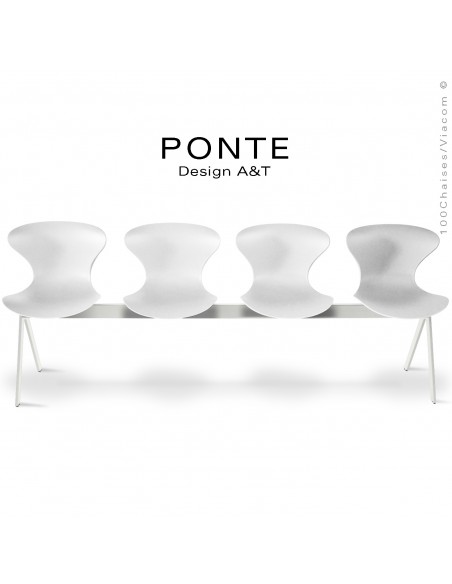 Banc ou assise sur poutre 4 places PONTE, piétement peint blanc, assise coque plastique couleur blanche.