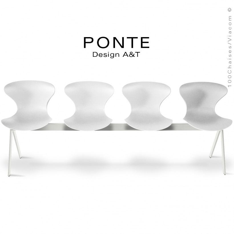 Banc ou assise sur poutre 4 places PONTE, piétement peint blanc, assise coque plastique couleur blanche.