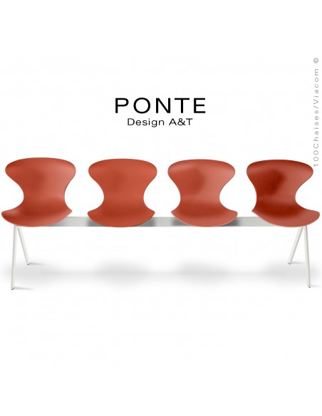 Banc ou assise sur poutre 4 places PONTE, piétement peint blanc, assise coque plastique couleur brique-rouge.