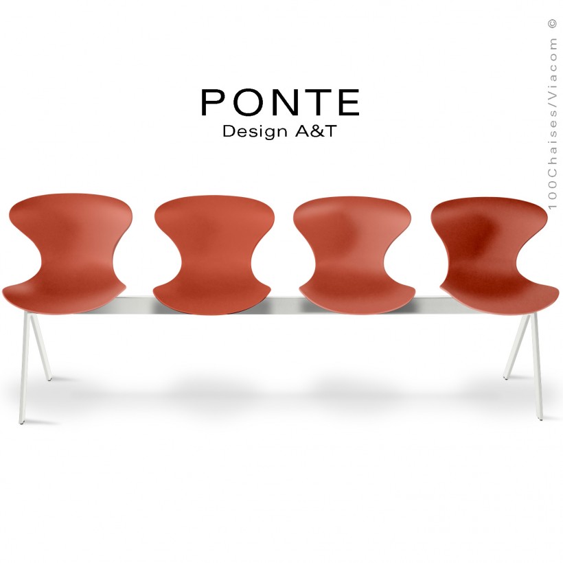 Banc ou assise sur poutre 4 places PONTE, piétement peint blanc, assise coque plastique couleur brique-rouge.