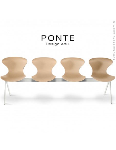 Banc ou assise sur poutre 4 places PONTE, piétement peint blanc, assise coque plastique couleur crème.