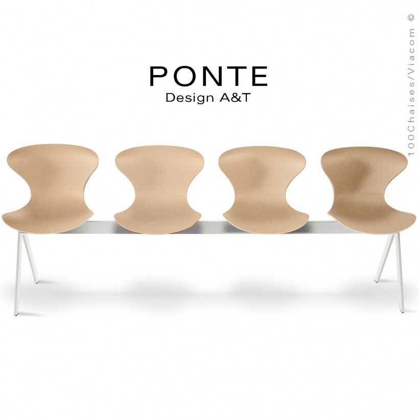 Banc ou assise sur poutre 4 places PONTE, piétement peint blanc, assise coque plastique couleur crème.