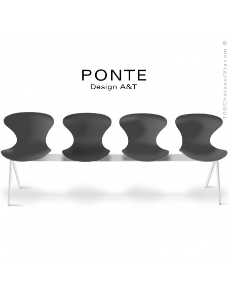 Banc ou assise sur poutre 4 places PONTE, piétement peint blanc, assise coque plastique couleur noire.