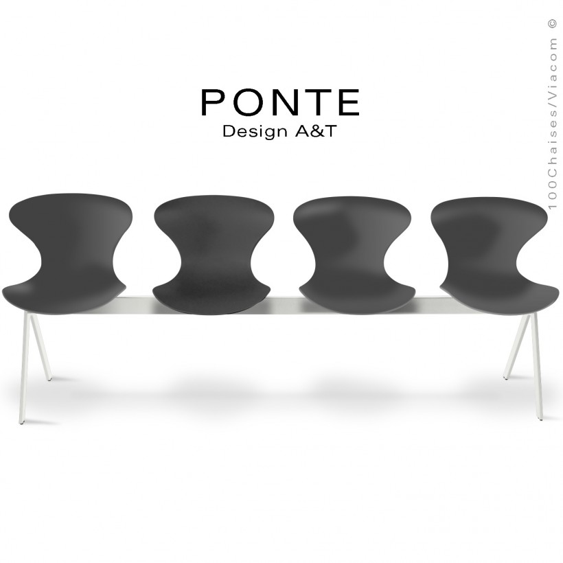 Banc ou assise sur poutre 4 places PONTE, piétement peint blanc, assise coque plastique couleur noire.