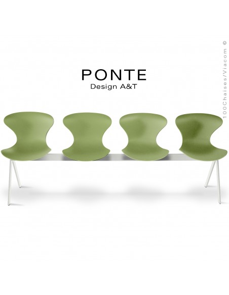 Banc ou assise sur poutre 4 places PONTE, piétement peint blanc, assise coque plastique couleur vert-olive.