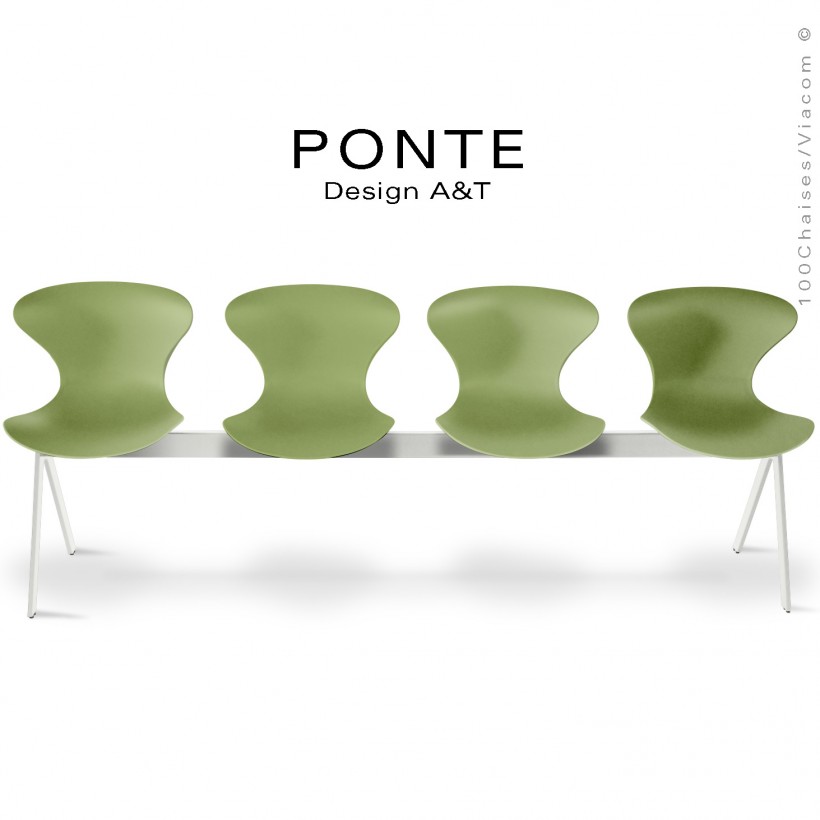 Banc ou assise sur poutre 4 places PONTE, piétement peint blanc, assise coque plastique couleur vert-olive.