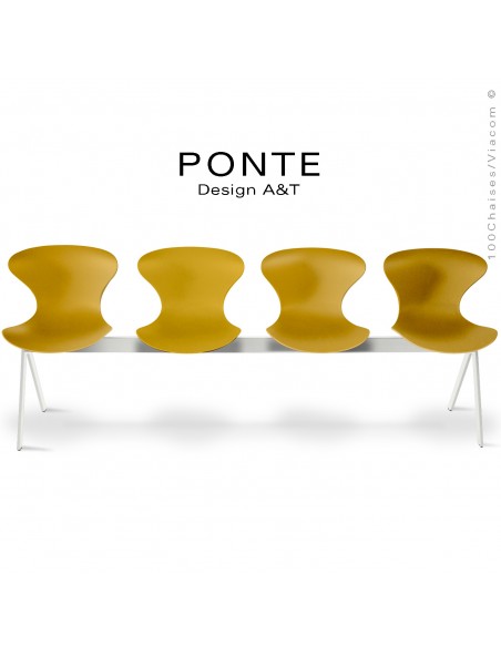 Banc ou assise sur poutre 4 places PONTE, piétement peint blanc, assise coque plastique couleur orange-jaune.