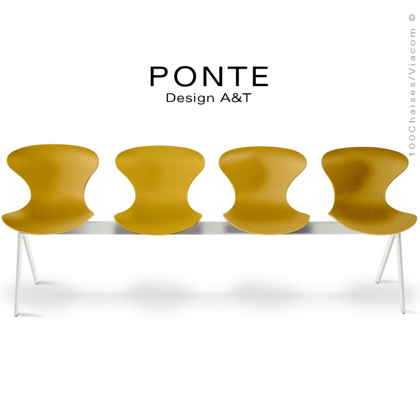 Banc ou assise sur poutre 4 places PONTE, piétement peint blanc, assise coque plastique couleur orange-jaune.