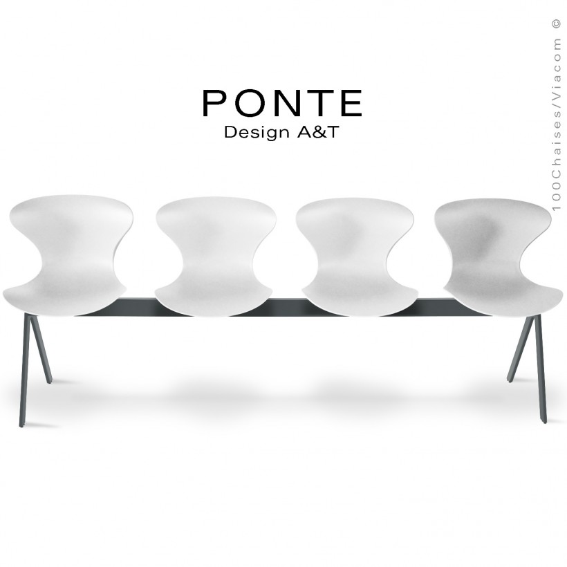 Banc ou assise sur poutre 4 places PONTE, piétement peint gris basalte, assise coque plastique couleur blanche.