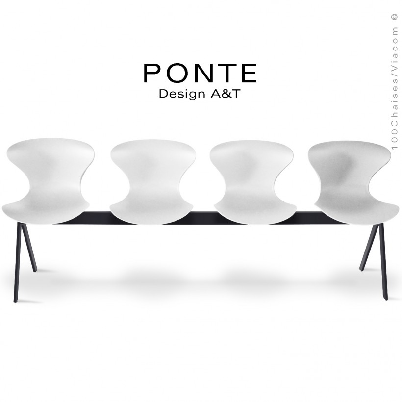 Banc ou assise sur poutre 4 places PONTE, piétement peint noir, assise coque plastique couleur blanche.