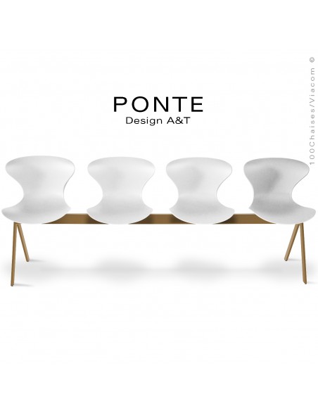 Banc ou assise sur poutre 4 places PONTE, piétement peint or nacré, assise coque plastique couleur blanche.