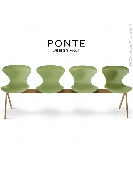 Banc ou assise sur poutre 4 places PONTE, piétement peint or nacré, assise coque plastique vert olive.