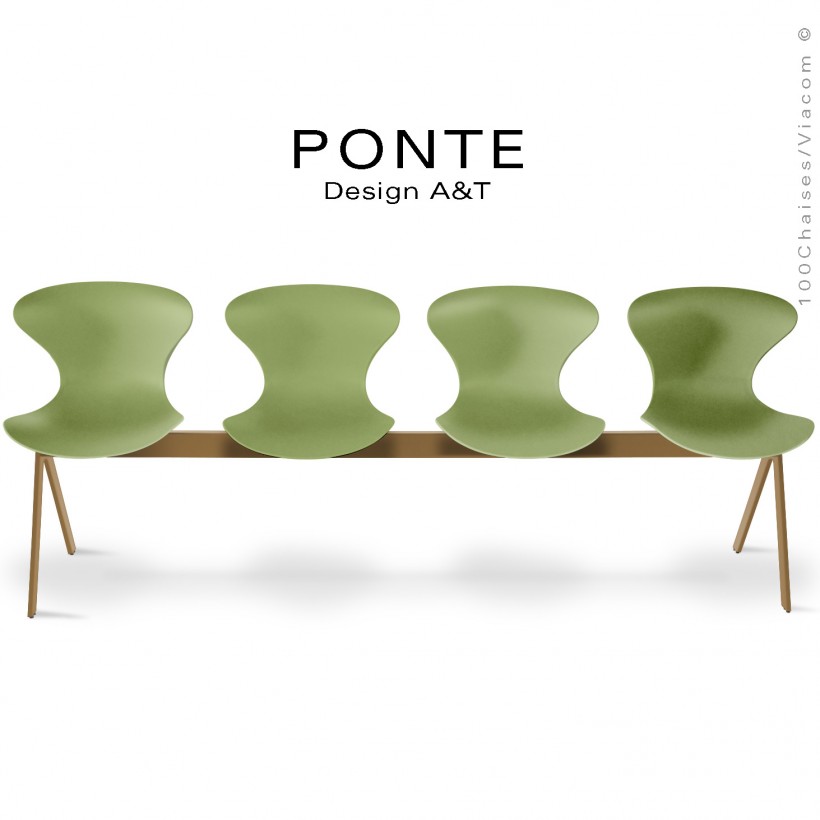 Banc ou assise sur poutre 4 places PONTE, piétement peint or nacré, assise coque plastique vert olive.