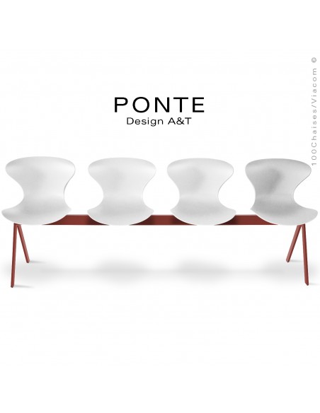 Banc ou assise sur poutre 4 places PONTE, piétement peint rouge oxyde, assise coque plastique couleur blanche.