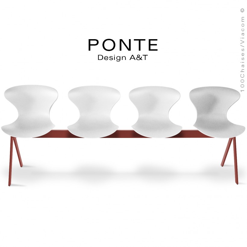 Banc ou assise sur poutre 4 places PONTE, piétement peint rouge oxyde, assise coque plastique couleur blanche.