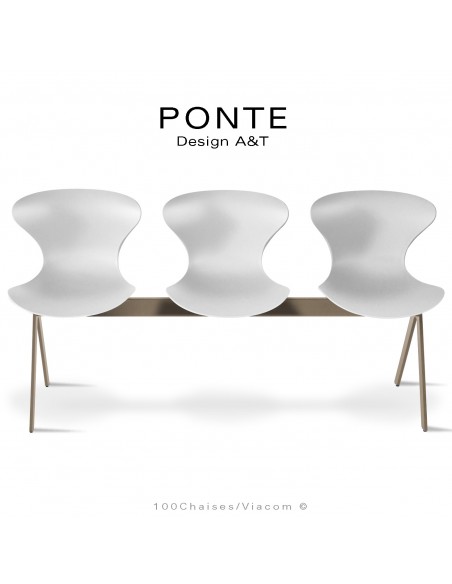 Assise sur poutre ou banc pour salle d'attente, collection PONTE, piétement peint beige nacré, assise coque couleur blanche.