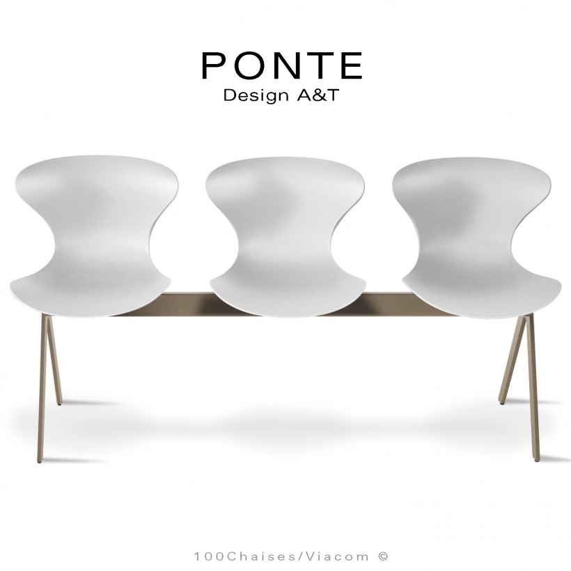 Assise sur poutre ou banc pour salle d'attente, collection PONTE, piétement peint beige nacré, assise coque couleur blanche.