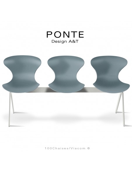 Assise sur poutre ou banc pour salle d'attente, collection PONTE, piétement peint blanc, assise coque couleur argent-gris.