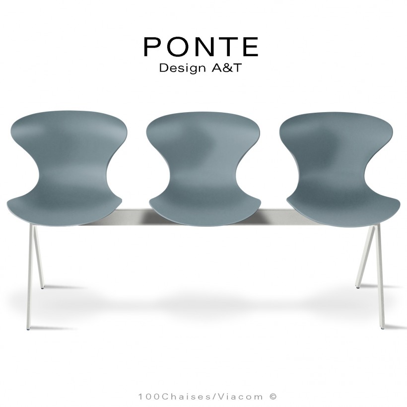 Assise sur poutre ou banc pour salle d'attente, collection PONTE, piétement peint blanc, assise coque couleur argent-gris.