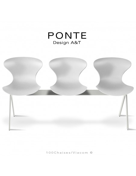 Assise sur poutre ou banc pour salle d'attente, collection PONTE, piétement peint blanc, assise coque couleur blanche.