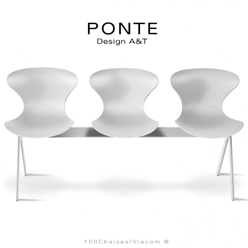 Assise sur poutre ou banc pour salle d'attente, collection PONTE, piétement peint blanc, assise coque couleur blanche.