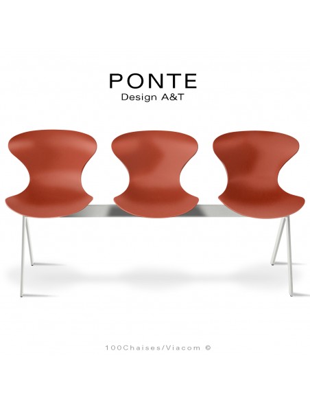 Assise sur poutre ou banc pour salle d'attente, collection PONTE, piétement peint blanc, assise coque couleur brique-rouge.