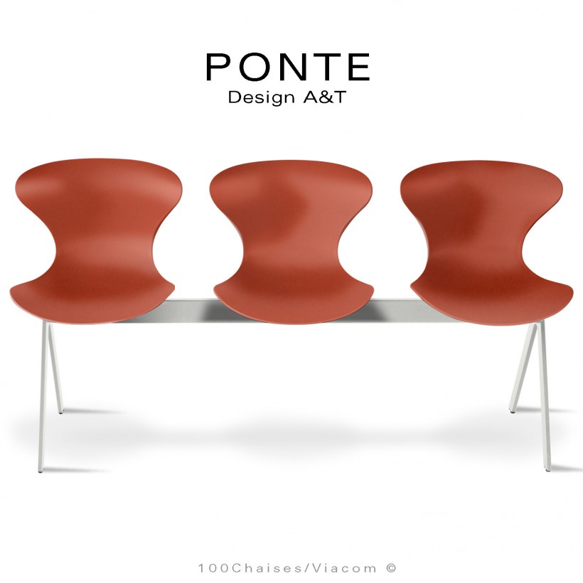 Assise sur poutre ou banc pour salle d'attente, collection PONTE, piétement peint blanc, assise coque couleur brique-rouge.