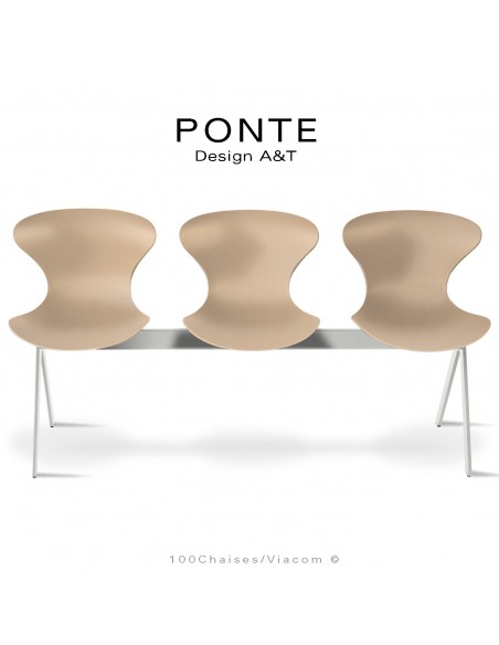 Assise sur poutre ou banc pour salle d'attente, collection PONTE, piétement peint blanc, assise coque couleur crème.