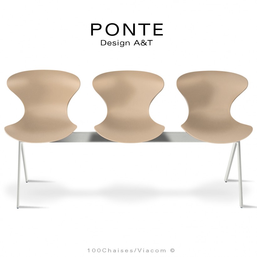 Assise sur poutre ou banc pour salle d'attente, collection PONTE, piétement peint blanc, assise coque couleur crème.