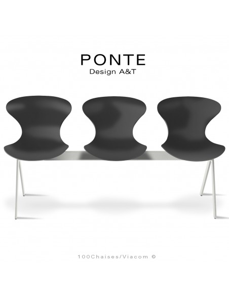 Assise sur poutre ou banc pour salle d'attente, collection PONTE, piétement peint blanc, assise coque couleur noire.